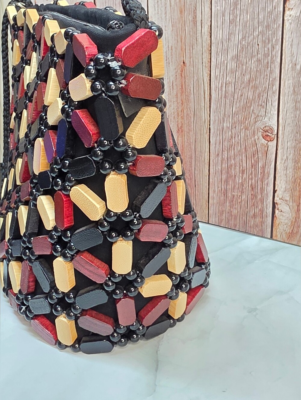 Handmade African Wooden Beaded Crossbody Bag Boho Artisan - Picture 4 of 11